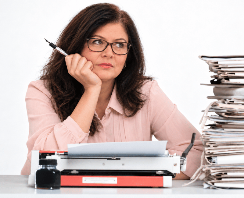 sandrine ala devant une pile de travail webmarketing